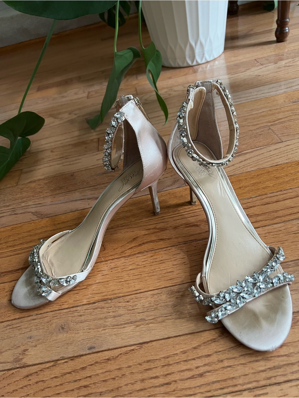 Jewel Badgley Mischka Caroline Embellished Strap Satin Evening Shoes Stilettos